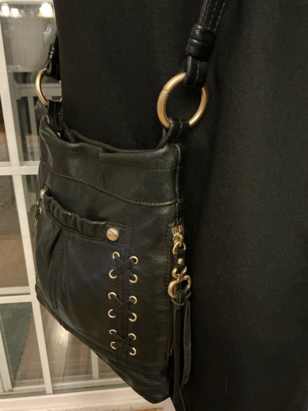 Rebecca Minkoff Black Fringe Leather Shoulder Bag Gold Detail Festival Crossbody - Picture 10 of 10